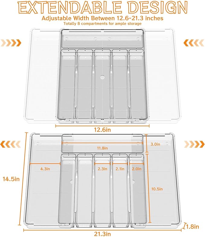 Expandable Kitchen Drawer Organizer - Clear Acrylic Adjustable Silverware Organizer - Utensil Holder and Cutlery Tray with Grooved Drawer Dividers for Flatware (Clear-8 Compartments)