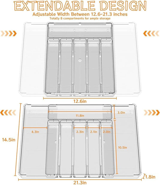 Expandable Kitchen Drawer Organizer - Clear Acrylic Adjustable Silverware Organizer - Utensil Holder and Cutlery Tray with Grooved Drawer Dividers for Flatware (Clear-8 Compartments)