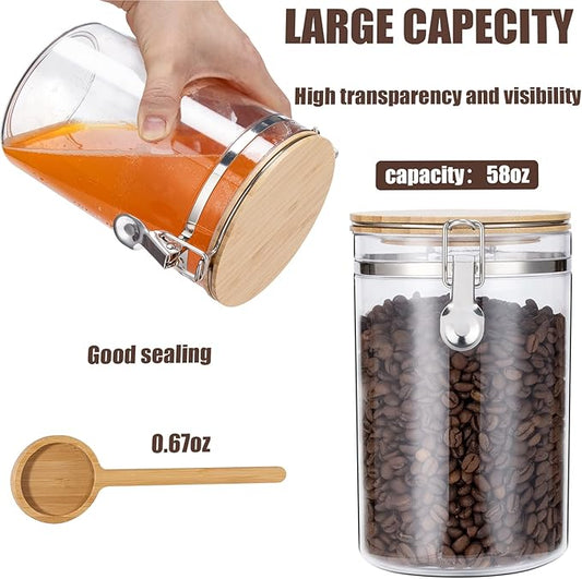 Yangbaga 2Pcs Coffee Sugar Canisters with Shelf, 58OZ Plastics Storage Containers for Ground Coffee Bean Storage with Lid Locking Clamp&Coffee Scoop, Food Storage Jar for Kitchen