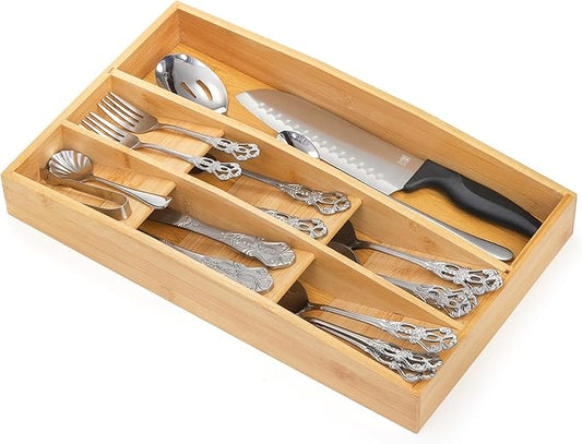 Hiceeden Bamboo Silverware Drawer Organizer, 7 Slots Kitchen Flatware Organizer, 15.7" x 9.4" x 2.4" Drawer Silverware Tray Utensil Cutlery Holder Dividers for Knives, Forks, Spoons