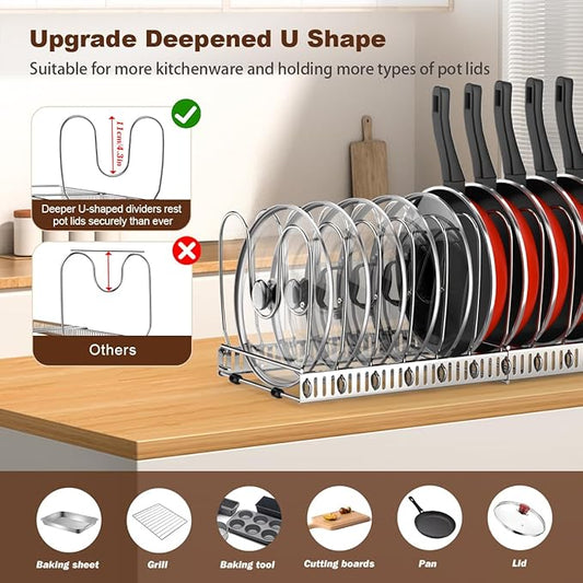 Pot and Pan Organizer Rack for Cabinet, Stainless Steel Expandable Pot Lid Organizer with 14 Adjustable Dividers, Pot and Pan Holder Rack Storage Organizer for Kitchen, Silver