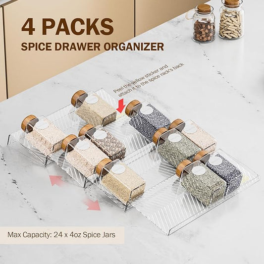 Spice Drawer Organizer, 4 Pack Clear Seasoning Organizer Rack, Kitchen Spice Rack Organizers for Drawer/Countertop (Jars Not Included, Expandable From 11" to 22" Wide)