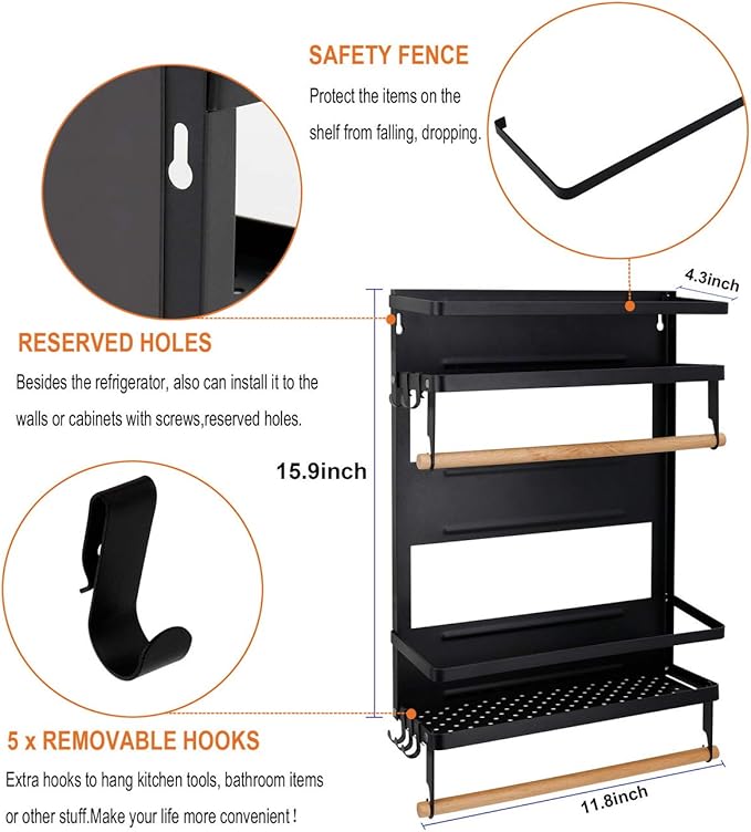 Jolitac Magnetic Fridge Spice Rack- Space Saving Organizer Black Shelf on Refrigerator, Kitchen Paper Towel Holder, Foldable Design (Black-Large)