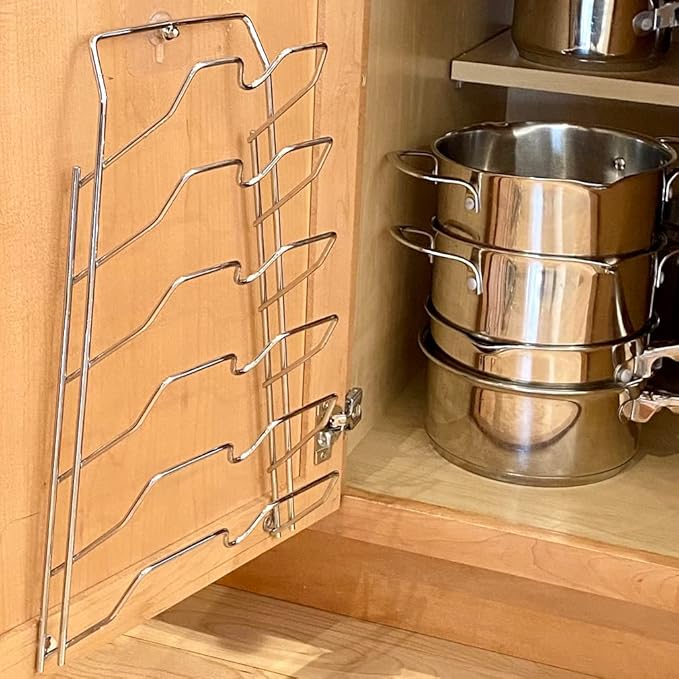 Evelots 6-Tier Pot Lid Organizer Rack for your Kitchen Cabinet Door/Wall - Fits Most Glass and/or Pan Covers - Kitchen Storage - No More Mess in your Cabinets and/or drawers - Rustproof -Chrome Finish