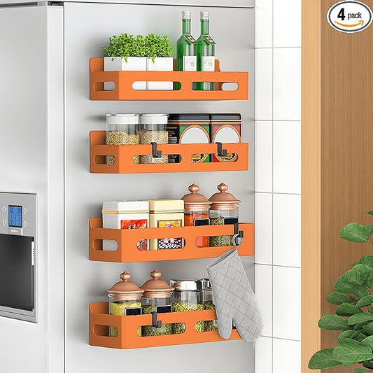 4 Pack Magnetic Spice Rack for Refrigerator, Spice Rack Organizer, Moveable Magnetic Shelf Fridge Organizer with 4 Hooks for Kitchen and Oven Organization, Orange