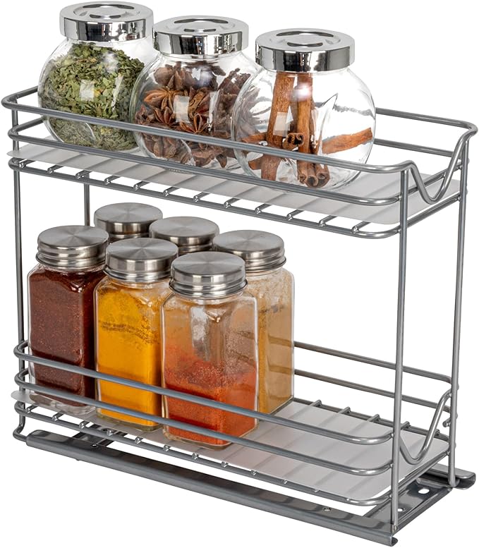 Household Essentials Glidez Powder-Coated Steel Pull-Out/Slide-Out Storage Organizer with Plastic Liners for Spice Rack Use - 2 -Tier Design - Fits Standard Size Cabinet or Shelf, Brushed Silver