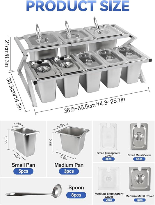 Lanstics 8 Pans Spice Rack Shelf 2 Row Stainless Steel Spice Organizer Stand with Lids Spoons Countertop Inclined Holder Buffet Containers Set for Sauce Jam Fruits Ingredient Kitchen Restaurant Pantry