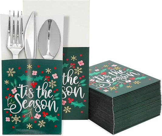 Sparkle and Bash 36 Pack Christmas Utensil Holder - Tis the Season - Silverware Cutlery Holder Paper Pockets for Xmas Table Decorations, Holiday Dinner Party, 3.7 x 7.5 Inch