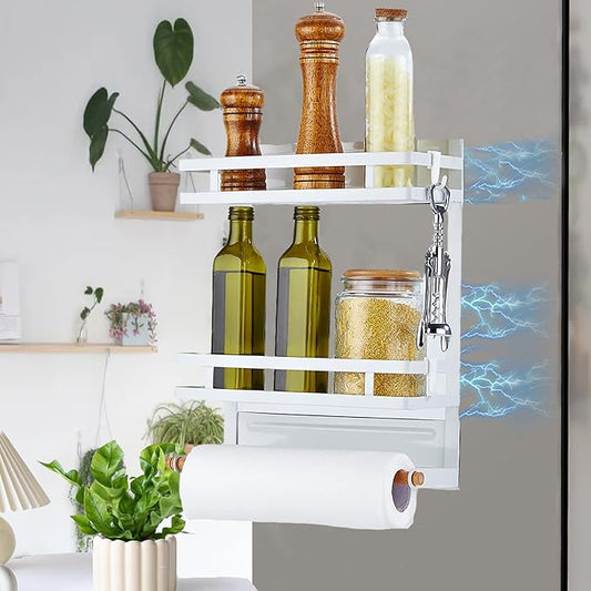 Magnetic Spice Rack for Refrigerator, Moveable Magnetic Paper Towel Holder Metal Fridge Organizer 8 Hooks for Kitchen Space Saving (White)