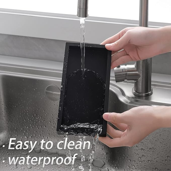 Bathroom Trays for Counter, Slicone Vanity Trays for Bathroom, Rectangle Sponge Holder for Kitchen Sink - Marble Black