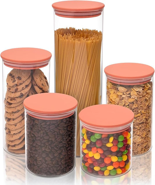 5-Piece Glass Storage Containers With Lids | Food Grade Safe Airtight Snack Containers, Pantry Organizers and Kitchen Storage with Colorful Bamboo Lids for Pasta, Oats, Coffee & Sugar