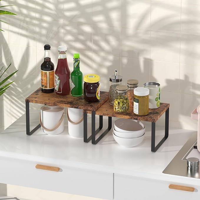 CADUKE Set of 4 Counter Shelves Kitchen Stackable Cabinet Shelf Wood Organizer Expandable Counter Top Racks Brown Bathroom Counter organizer