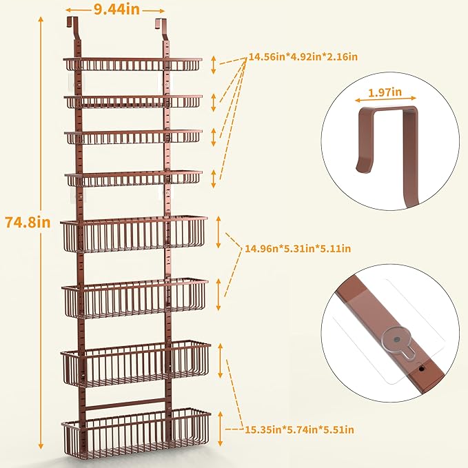 Moforoco Over The Door Pantry Organizer, Pantry Door Organizer Shelves, Kitchen Organizers and Storage, Hanging Basket Wall Spice Rack Seasoning Shelves, Laundry Room Bathroom accessories（Brown ）