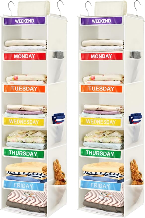 2 Pack 6-Shelf Weekly Clothes Organizer for Kids, Hanging Daily Closet Organization with 6 Side Pockets, Days of The Week Clothing Divider Storage for Boys and Girls (White)