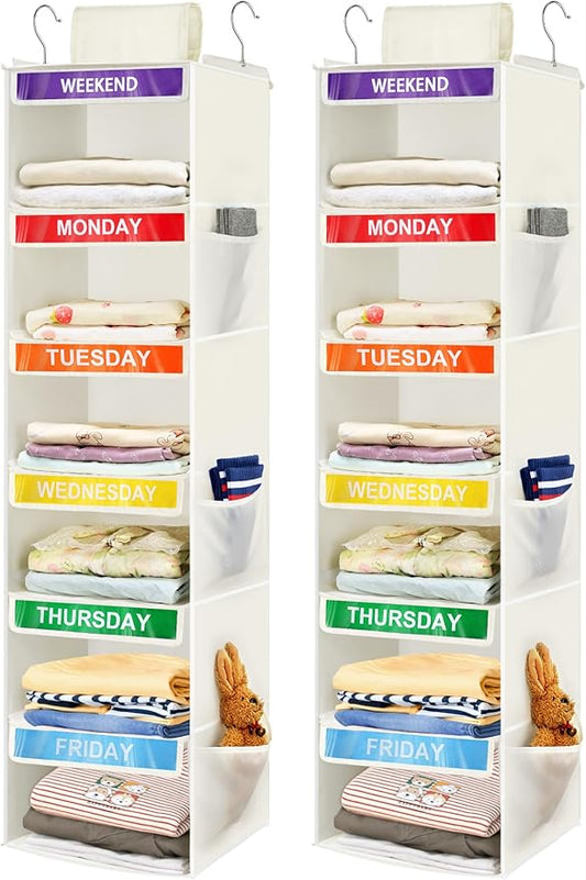 2 Pack 6-Shelf Weekly Clothes Organizer for Kids, Hanging Daily Closet Organization with 6 Side Pockets, Days of The Week Clothing Divider Storage for Boys and Girls (White)