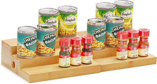SpaceAid Bamboo Spice Rack Organizer for Cabinet, Kitchen Pantry Spices Storage Rack for Cabinets Organization, Home Seasoning Tiered Can Goods Racks Wood Shelf Organizers (3 Tier, Natural)