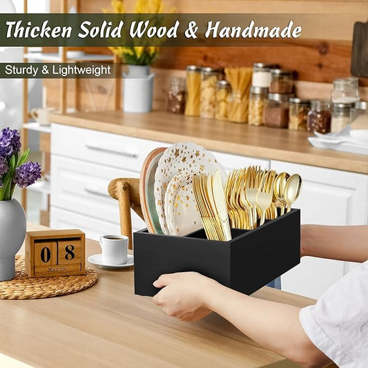 DRASTAR Paper Plate Dispenser, Wooden Utensil Caddy Organizer, Large Silverware Holder for Party, Black Paper Plate Organizer, Kitchen Utensil Caddy for Party Picnic Camping
