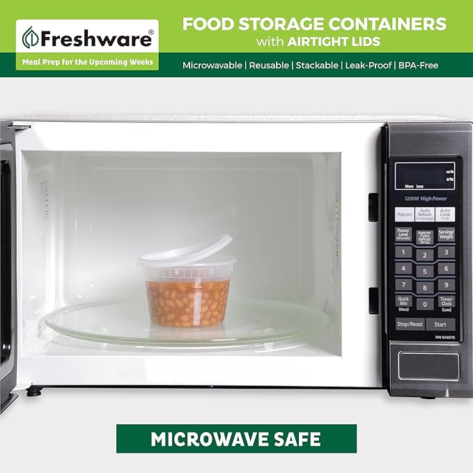 Freshware Food Storage Containers [50 Set] 12 oz Plastic Deli Containers with Lids, Slime, Soup, Meal Prep Containers | BPA Free | Stackable | Leakproof | Microwave/Dishwasher/Freezer Safe