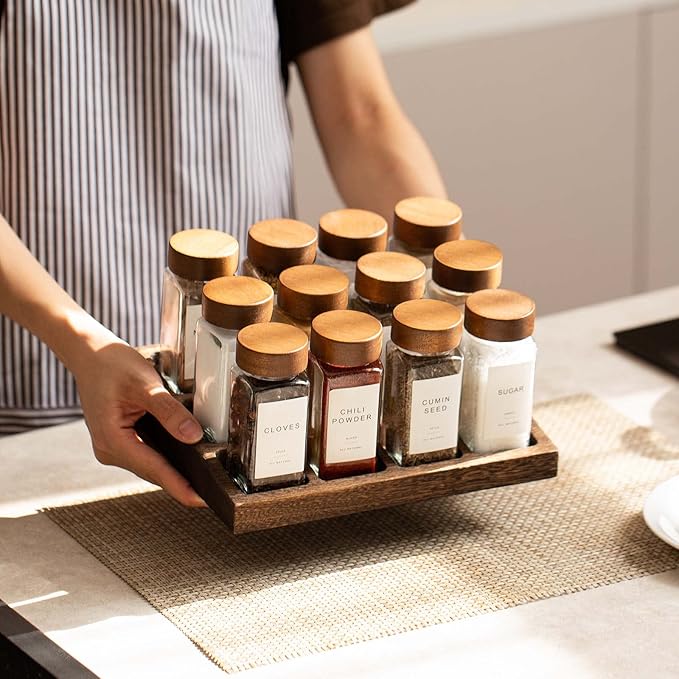 Yangbaga Glass Spice Jars with Labels: 24p 4oz Wide Mouth Square Bottle and 2 Rack w/Pepper Grinder&Funnel - Airtight Lid & Dishwasher Safe - Kitchen Pantry Daily Use - Gift for Newlyweds/Households
