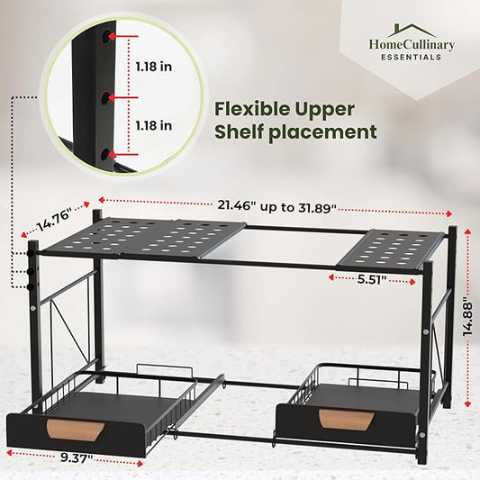 Expandable Kitchen Under Sink Organizers and Storage - Rustproof Bathroom Organizers and Storage - 2 Tier Sliding Basket Drawers, Adjustable Width & Height Bathroom Cabinet Organizer