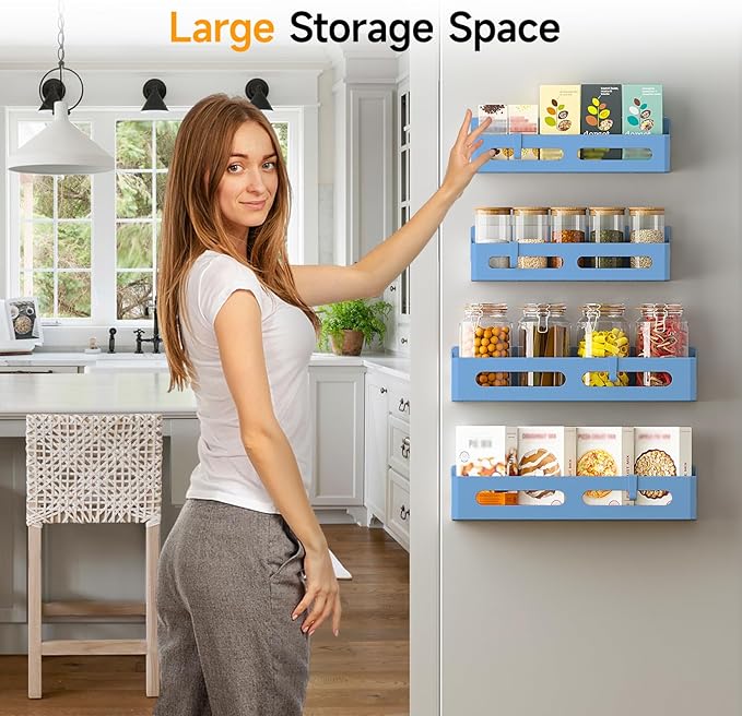 4 Pack Magnetic Spice Rack for Refrigerator, Spice Rack Organizer, Moveable Magnetic Shelf Fridge Organizer with 4 Hooks for Kitchen and Oven Organization, Blue