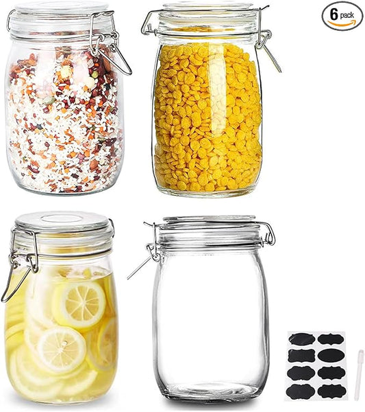 4 Pack 32 oz Glass Jars With Airtight Lids And Leak Proof Rubber Gasket, Wide Mouth Mason Jars with Hinged Lids for Food Storage, Cereal, Pasta, Sugar, Beans, Pickle Jars, Kitchen Canisters