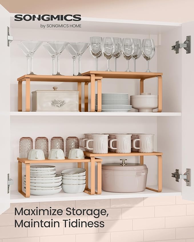 SONGMICS Cabinet Organizer Shelf, Set of 2 Kitchen Counter Shelves, Kitchen Storage, Spice Rack, Stackable, Expandable, Metal and Engineered Wood, Apricot Orange UKCS002Y01
