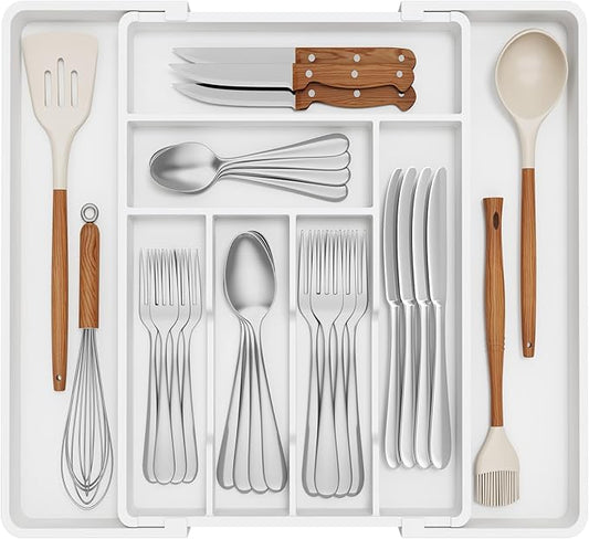 Lifewit Expandable Silverware Drawer Organizer, 22.4 x 16.7 x 2 inches, Adjustable Utensil Cutlery Tray for kitchen, Plastic Flatware Spoon Fork Knives Holder Storage Divider,1 Pack, White