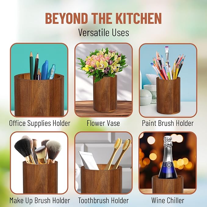 Homeries Acacia wood Utensil Holder for Kitchen Counter Decor, Cooking Utensil Holder Organizer - Kitchen Utensil Storage Organizer for Countertops, Pantry, Bathroom, Office & Center Table