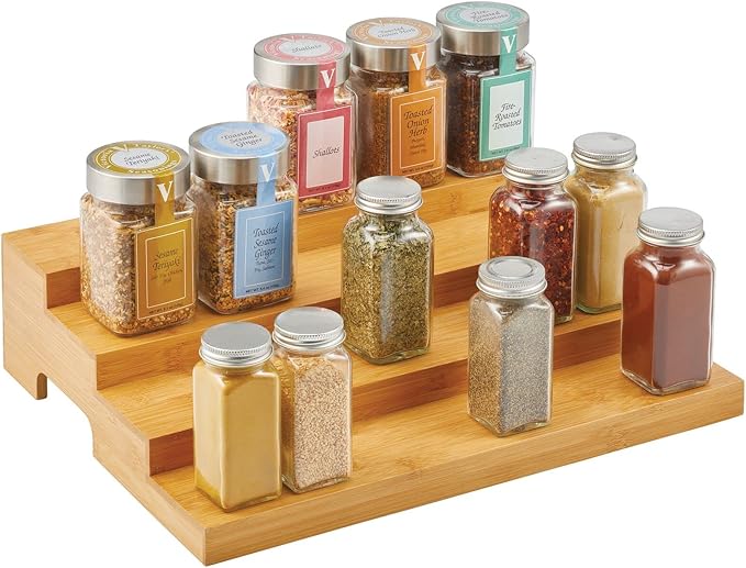 mDesign Bamboo Spice and Food Kitchen Cabinet Pantry Shelf Organizer - 4-Tier Storage - Modern Compact Caddy Rack - Holds Spices/Herb Bottles, Jars - for Shelves, Cupboards, Refrigerator - Clear