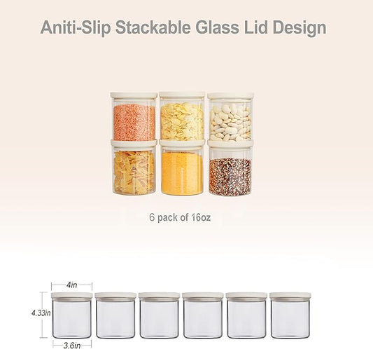 Glass Food Storage Jar with Glass Lid, Food Canister Set with Airtight Lids, Glass Pantry Jar for Kitchen Organization. Food Storage Containers in Pack of 6, 16oz.