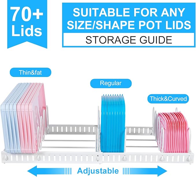 X-cosrack Expandable Food Container Lid Organizer,Large Capacity Adjustable 10 Dividers Detachable Lid Organizer Rack for Cabinets, Cupboards, Pantry Shelves, Drawers to Keep Kitchen Tidy,White