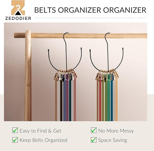 ZEDODIER Belt Hangers, Belt Rack 2 Pack Black Closet Accessories Organizers, Closet Organizer Hook Rack for Belt, Ties, Scarves, Camisoles, Hats, Bras, Shoes