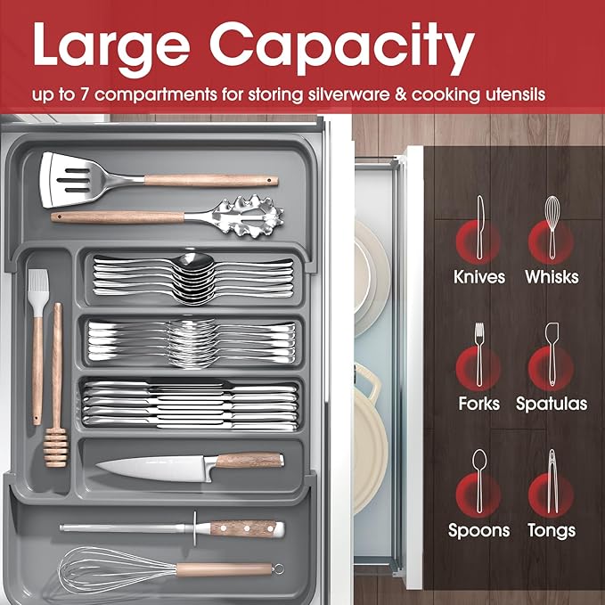 Aujen Expandable Kitchen Drawer Organizer - Adjustable Utensil Organizer, Multipurpose Storage Solution for Forks, Knives, Grey