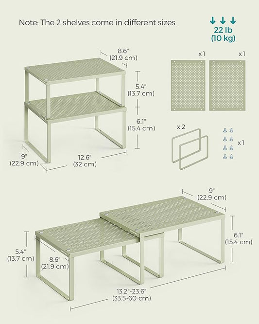 SONGMICS Spice Racks, Set of 2 Metal Cabinet Shelf Organizers, Countertop Organizers, Shelf Risers, Stackable, Expandable, Laurel Green UKCS001C01