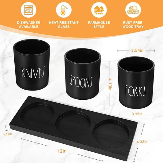 Silverware Caddy, 4 Pieces Kitchen Utensil Holder for Countertop, Black Utensil Holder for Party, Silverware Holder for Party with Wood Tray, Farmhouse Cutlery Holder Storage Organizer