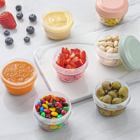 [4 Pack] 4 oz Small Containers With Lids, Reusable Plastic for Snack and Puree, Salad Dressing to Go, Deli, Freezer Condiment, Dishwasher Safe, BPA Free