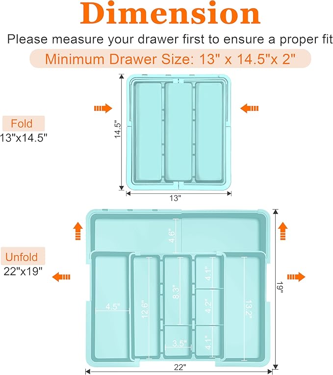 Large Utensil Drawer Organizer Expandable Silverware Organizer for Kitchen Drawer Adjustable Cooking Utensil Holder Cutlery Flatware Tray Spatula Tools Gadgets Storage Dividers Plastic Turquoise