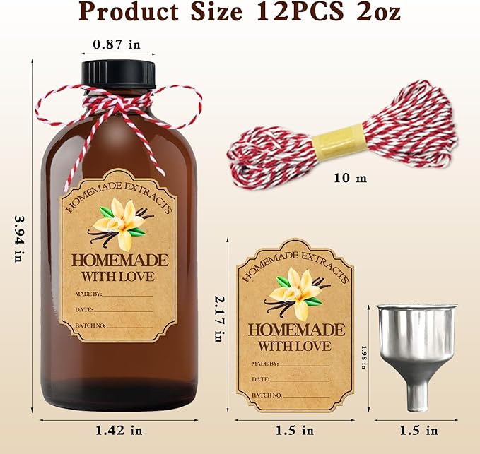 12Pcs 2 oz Amber Glass Bottle Brown Round Bottles with Caps, for Vanilla Extract Homemade, with Stickers and Funnel, for Syrup Gift Glass Food Storage Canister Set, Sauce Beans, Essential Oil