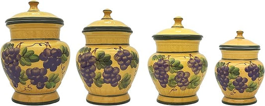 Tuscany Grape Hand Painted Ceramic 4PCs Canister Set with Lid, Kitchen Storage Jar, Food Storage Container, Airtight Storage Container With Rubber Seal