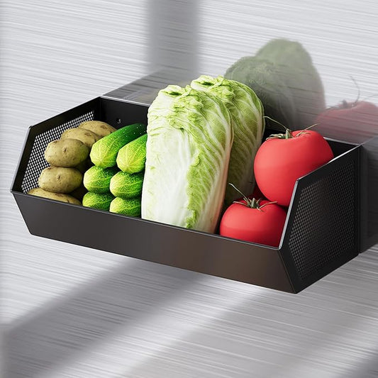 Magnetic Fruit Basket for Fridge, Magnetic Spice Rack for Refrigerator, Seasoning Organizer, Kitchen Gadgets, Refrigerator Organizers and Storage, Metal, 1 Pack (Black, Large)