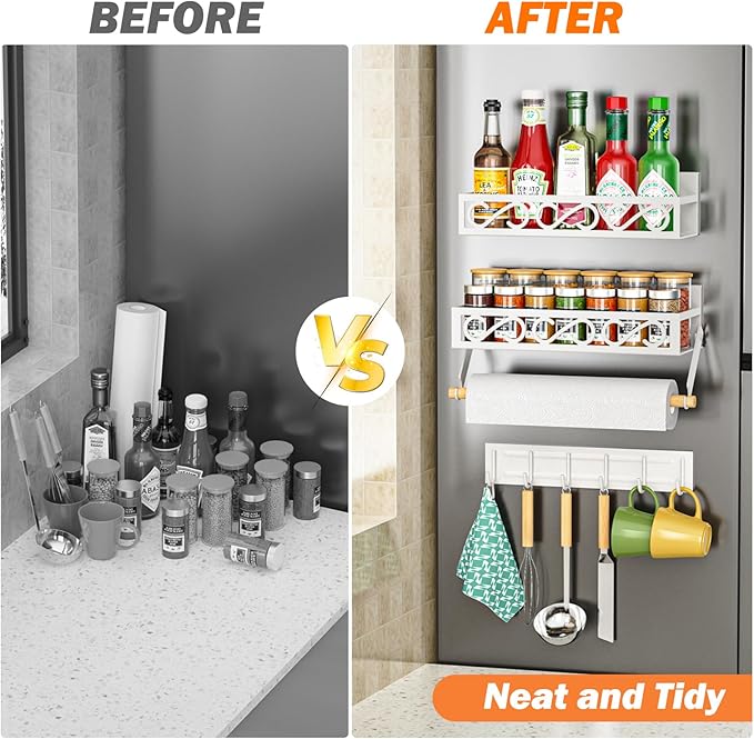Spice Rack Magnetic for Refrigerator, 3 Pack Magnetic Spice Shelf, Moveable Fridge Organizer with 6 Hook Rack, Magnetic Fridge Seasoning Rack for Kitchen-White