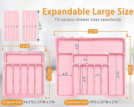 Homecor Silverware Organizer - Expandable Large Kitchen Drawer Organizer Utensil Organizer with 2 Knife Block Inserts, 22"x 19"Cutlery Tray with Drawer Dividers for Kitchen Flatware (Pink)