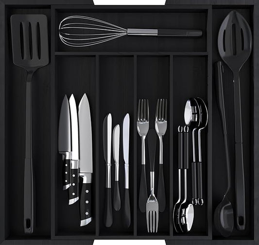 Utopia Kitchen Expandable Bamboo Utensil Drawer Organizer, Silverware Organizer for Cutlery, Flatware Holder (5-7 Slots, Black) - Pack of 1