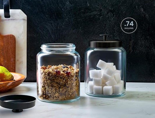 KooK Glass Kitchen Canister Set, Food & Storage Containers for Pantry, Bathroom Apothecary Jars, Tinplate Lids, Counter Organizers, 0.74 Gallon, Black, Set of 2