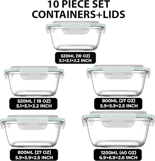 Razab 10 Pcs Glass Food Storage Containers with Lids – 40, 27, 17 Oz | Airtight Glass Storage Containers, BPA-Free meal prep containers reusable glass - Leakproof Kitchen Containers for Organizing