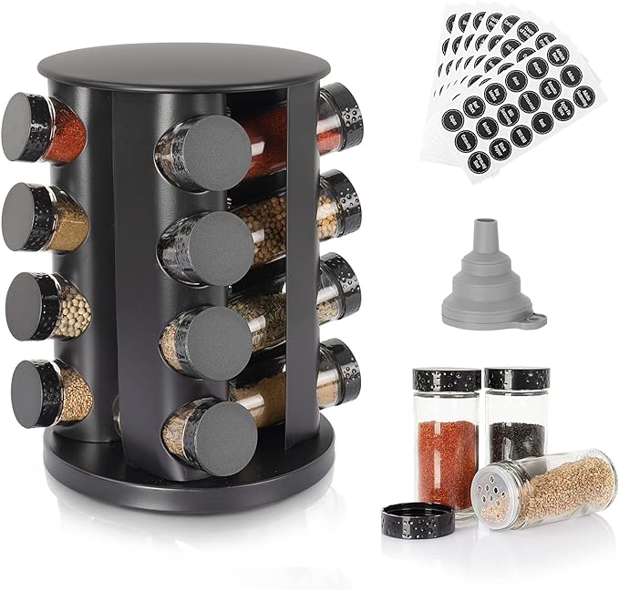 Black Countertop Rotating Spice Rack - Empty 16-Jar Revolving Organizer, Round Carousel Tower With 135 Labels and Funnel - Complete Set for Kitchen Countertop, Cabinet