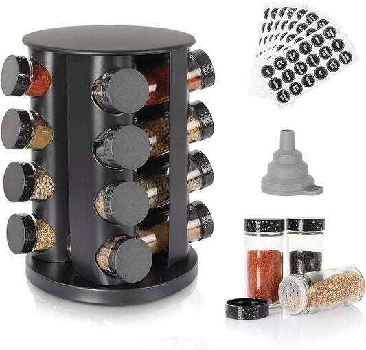 Black Countertop Rotating Spice Rack - Empty 16-Jar Revolving Organizer, Round Carousel Tower With 135 Labels and Funnel - Complete Set for Kitchen Countertop, Cabinet