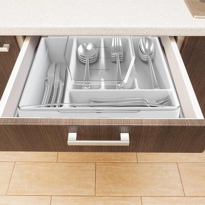 Double Layer Silverware Tray with Lid, Utensil Holder for Countertop Flatware Organizer for Kitchen Drawers with 2 Tier Cutlery Tray and 9 Compartments Silverware Storage Bin (White)