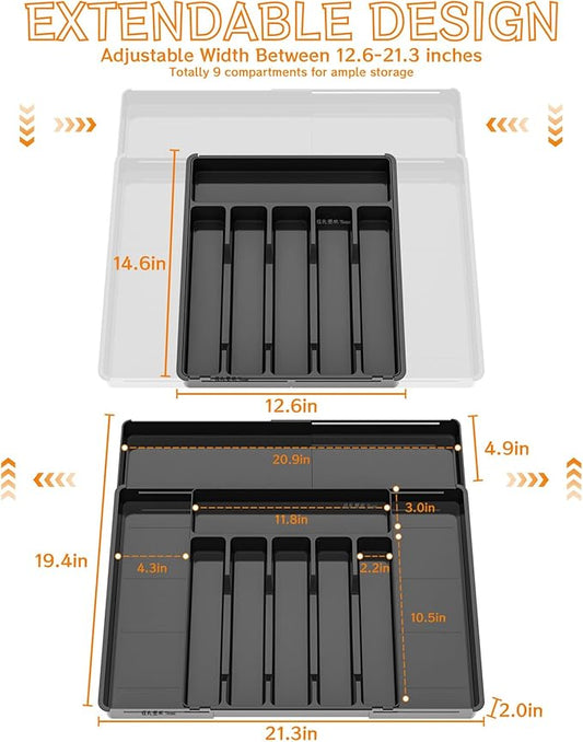 Expandable Silverware Organizers for Kitchen Drawers,Large BPA Free Cutlery Organizer in Drawer,Plastic Utensil Drawer Organizer Suitable as Flatware,Knife,Fork,Spoon,Silverware Holder and Tray,Black